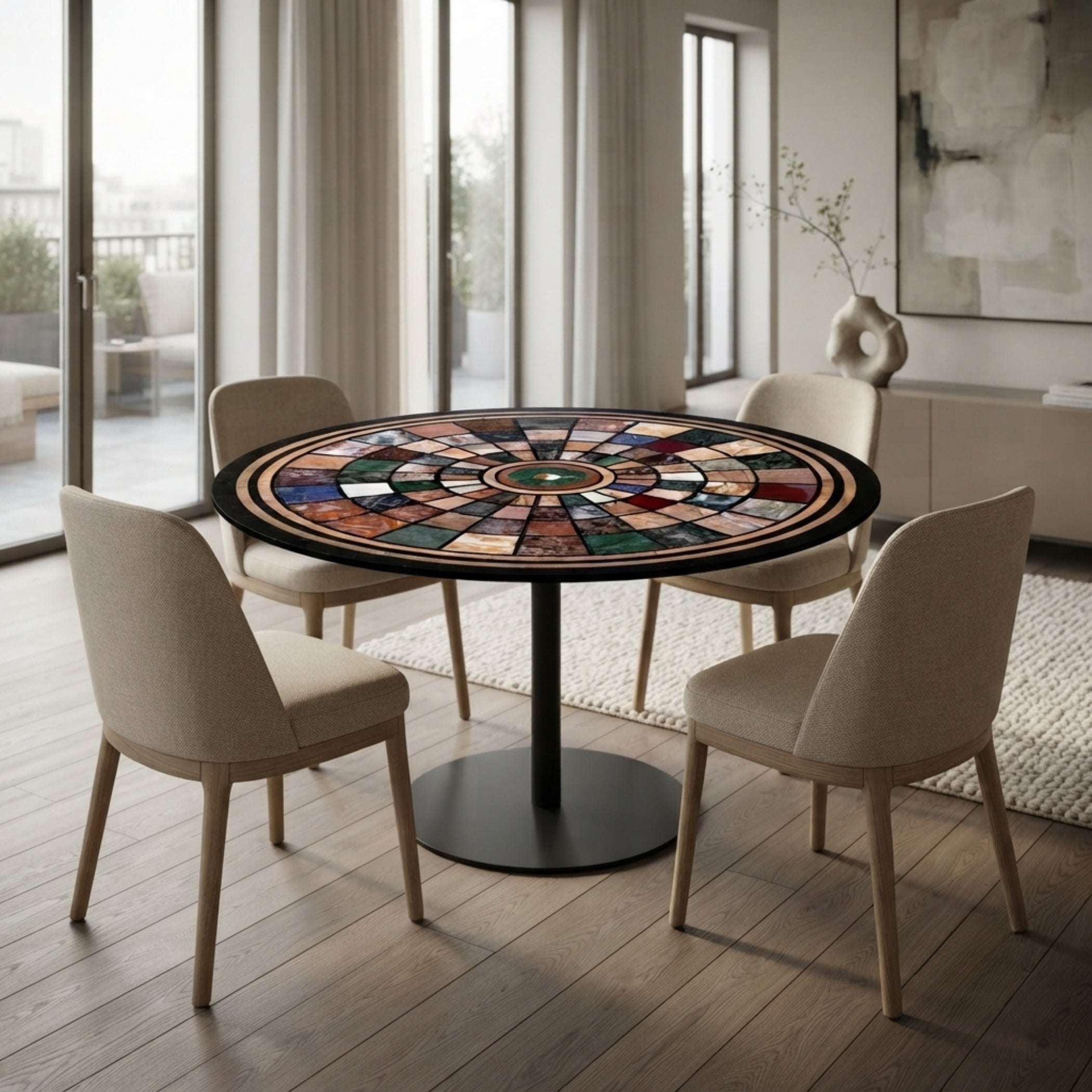 Luxury round marble inlay dining table top with colorful natural stone geometric pattern displayed in a contemporary dining room.