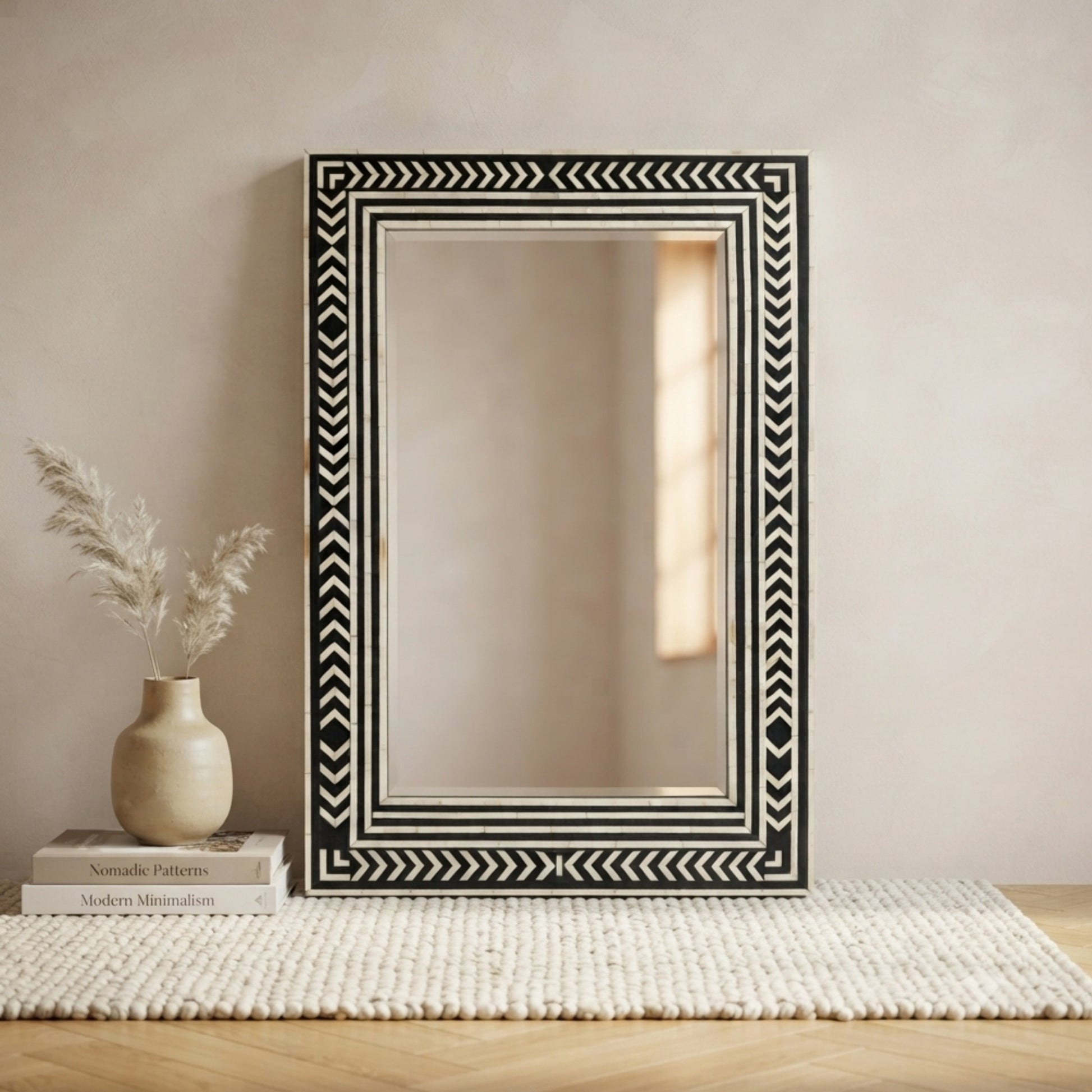 Luxury Black Bone Inlay Chevron Wall Mirror Styled with Modern Home Decor