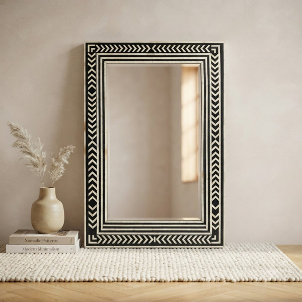 Handmade Black Bone Inlay Chevron Wall Mirror Luxury Decor