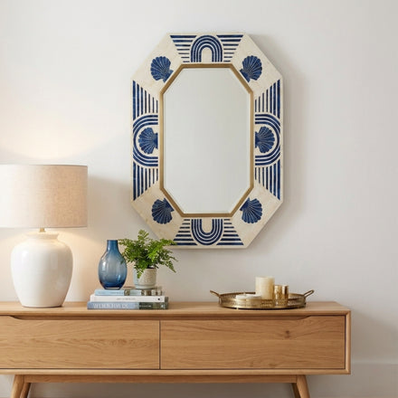 Blue Bone Inlay Octagon Mirror, Brass Detail, Wall Mirror