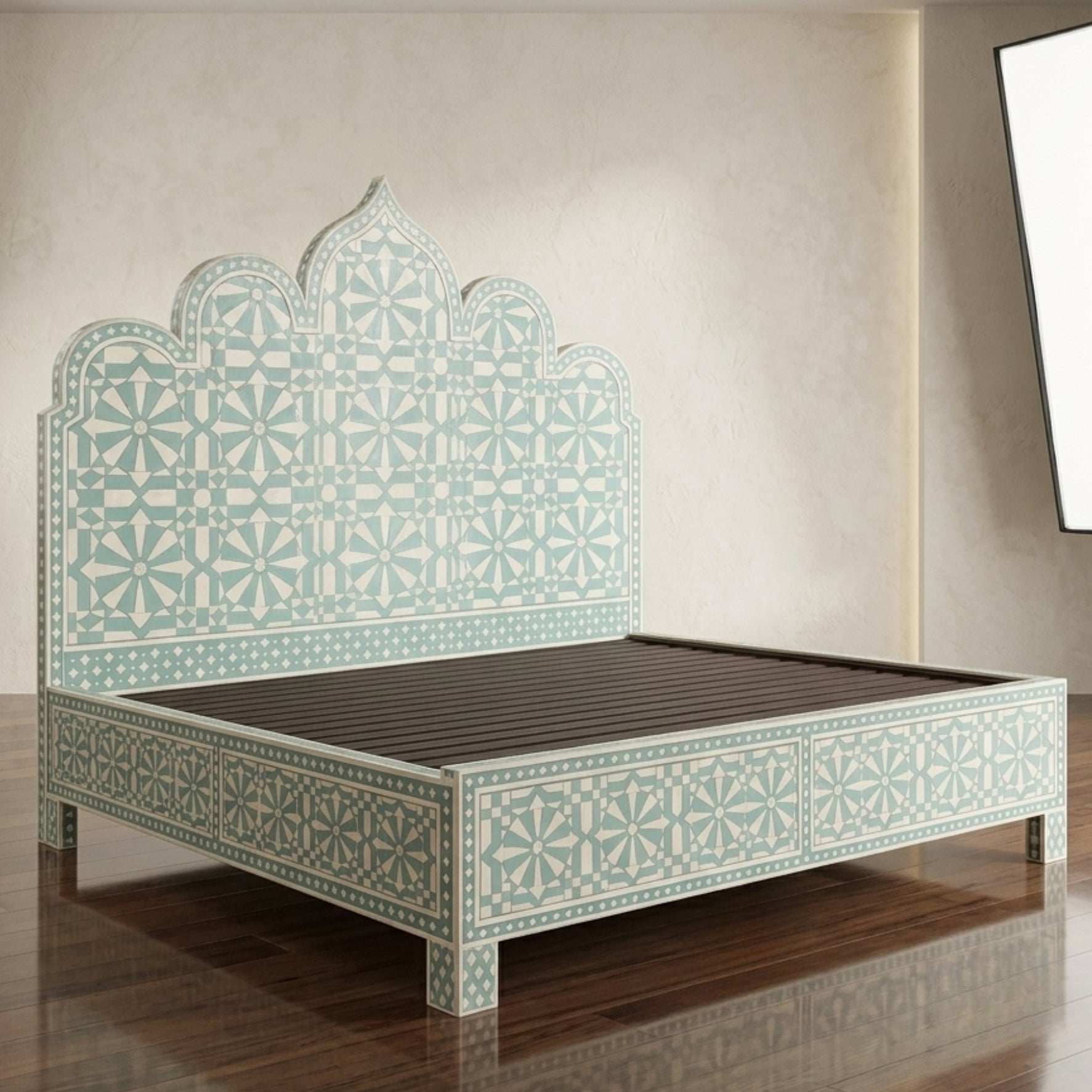 Aqua Blue Bone Inlay Bed | Moroccan Arch Luxury Bed