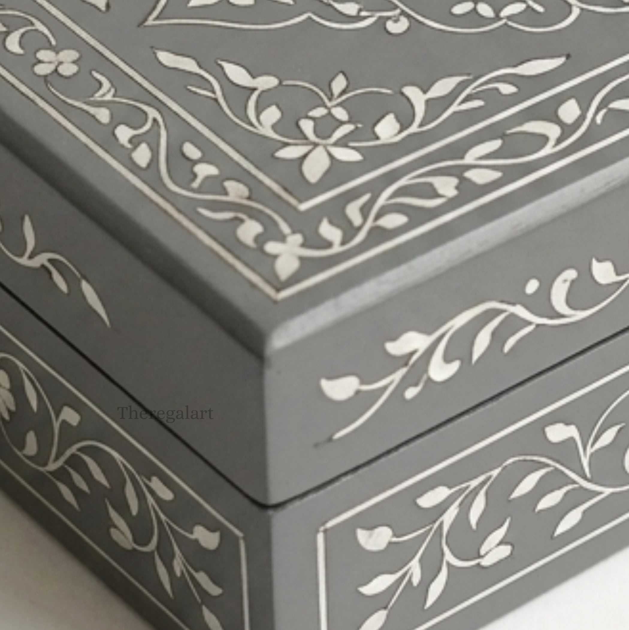 Handmade Bone Inlay Jewellery Box Gray Floral Storage Case