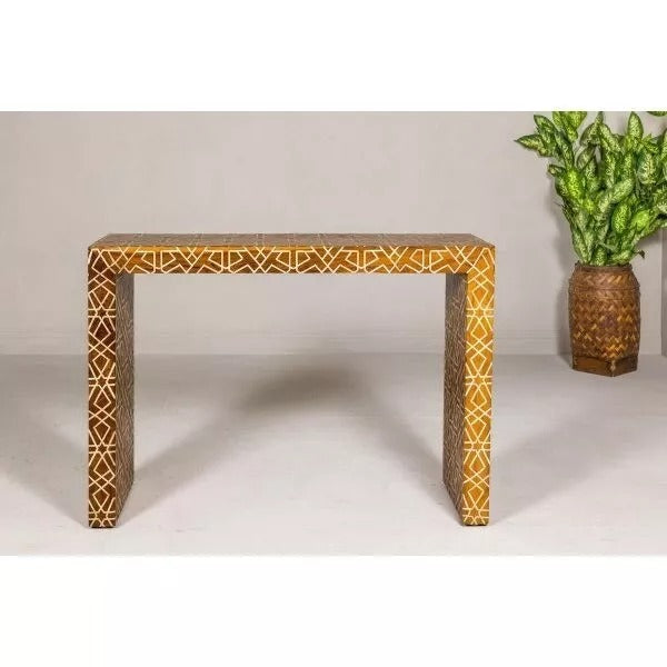 Wooden Console Table, Bone Inlay Furniture Geometric Mango Wood Handmade Home Décor