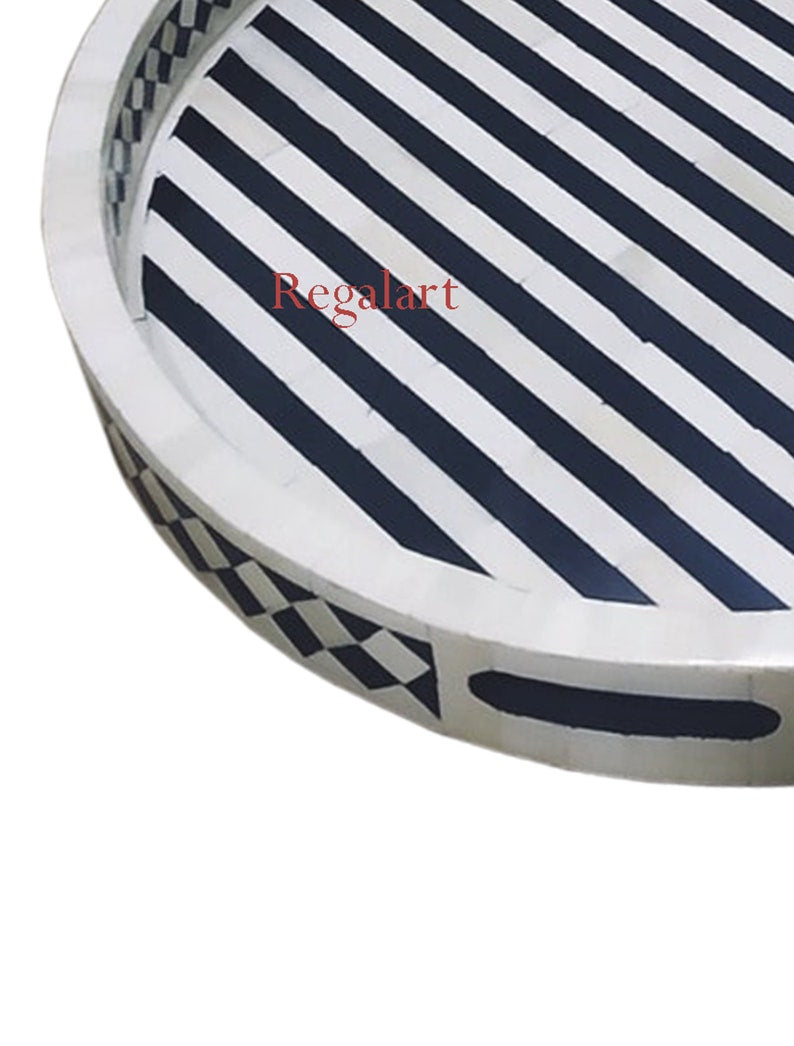 Luxury Bone Inlay Round Tray | Striped Decor Serving