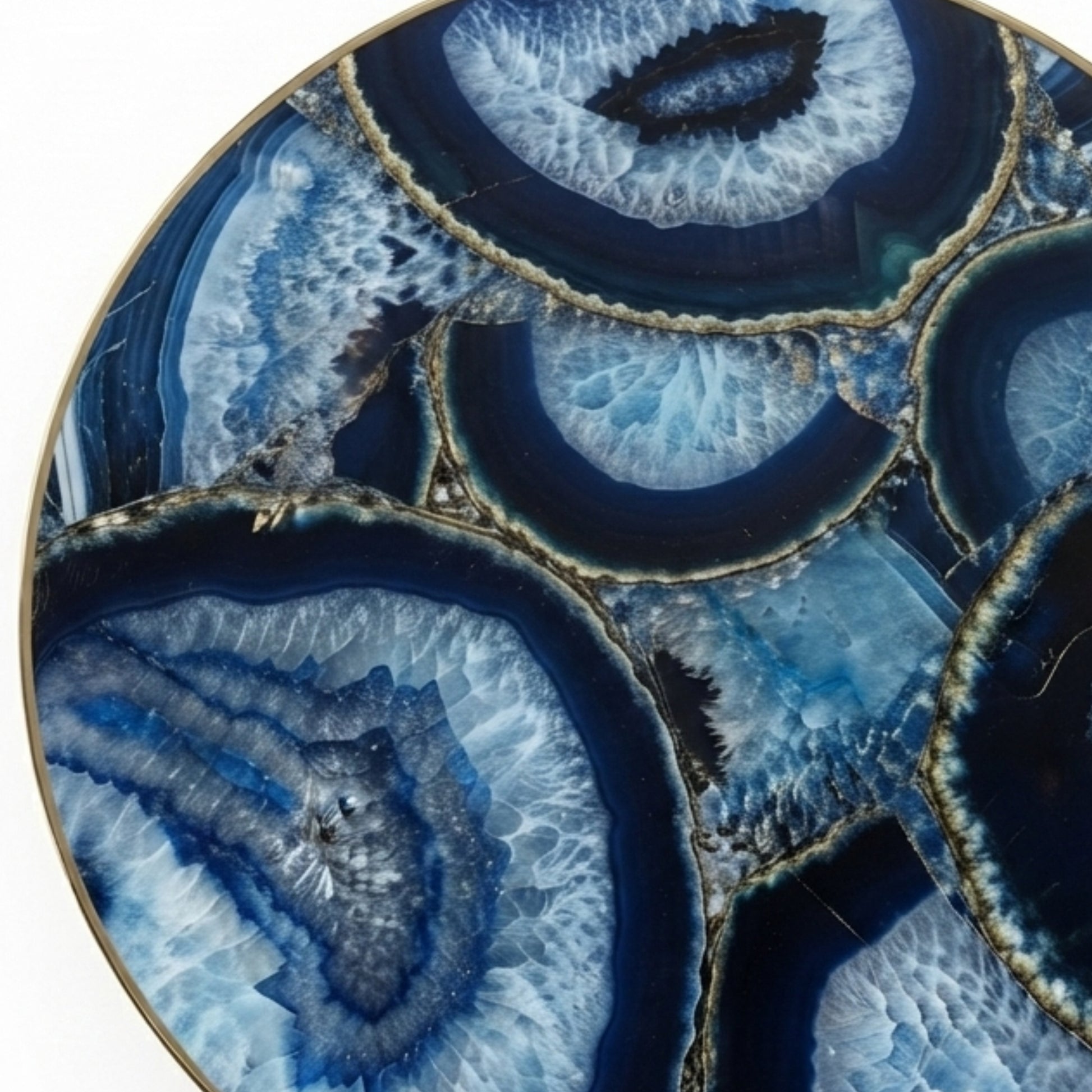 Close-Up of Natural Blue Agate Gemstone Coffee Table Top with Polished Crystal Pattern and Gold Rim