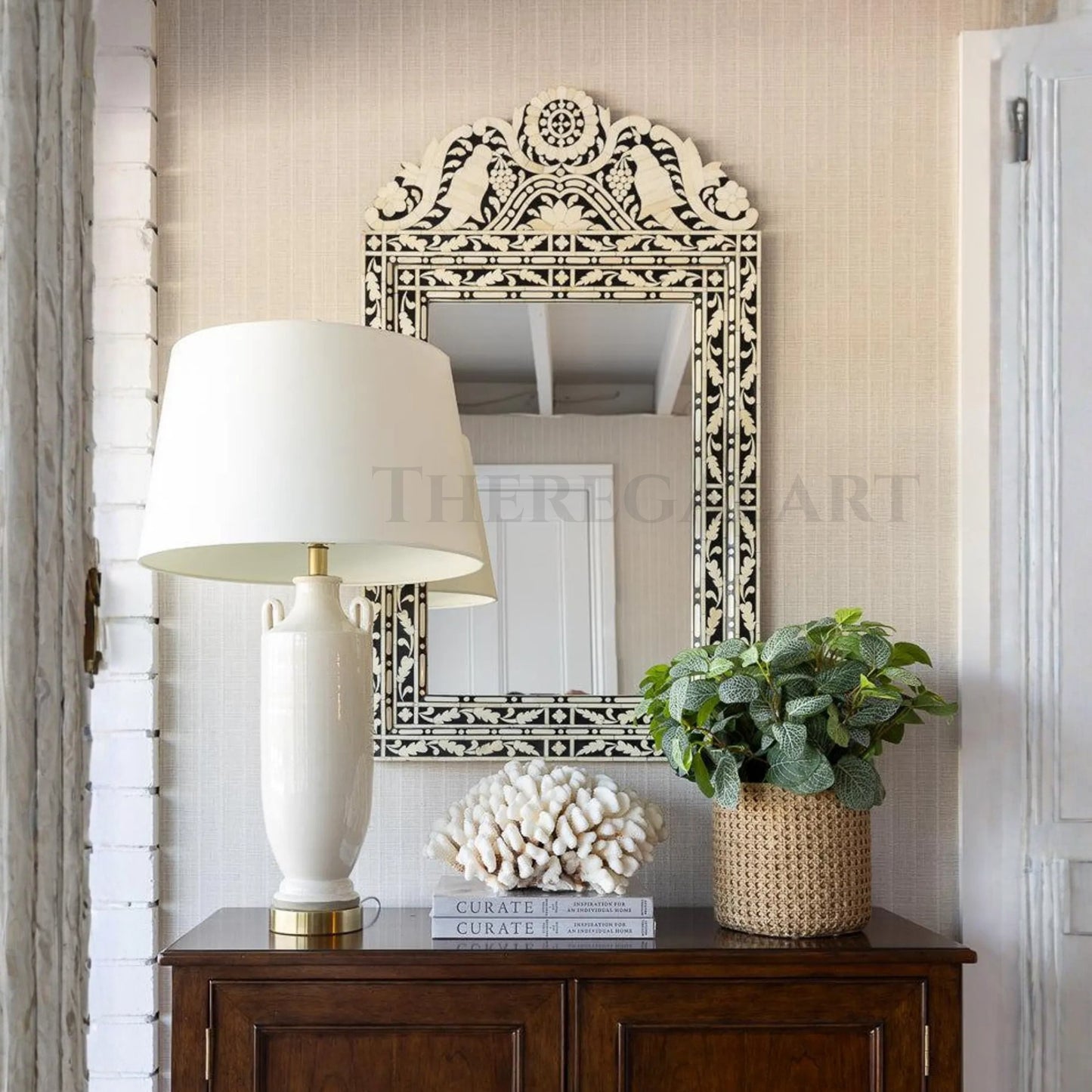 Handmade Bone Inlay Wall Mirror: Baroque Floral Home Decor