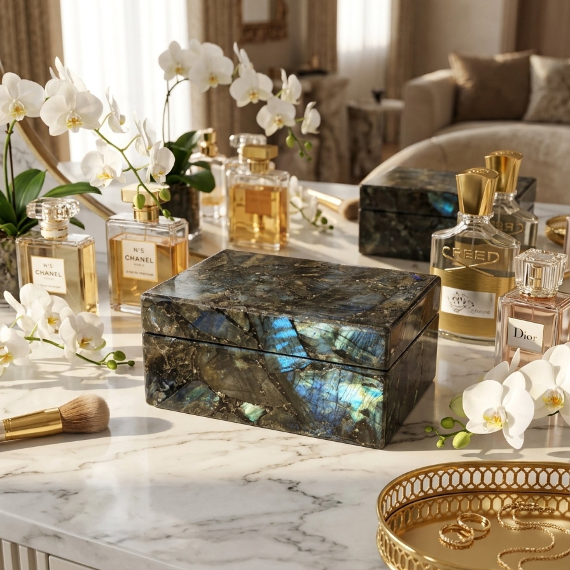 Luxury Labradorite Jewelry Box on marble vanity with designer perfumes, orchids and gold accessories by The Regal Art