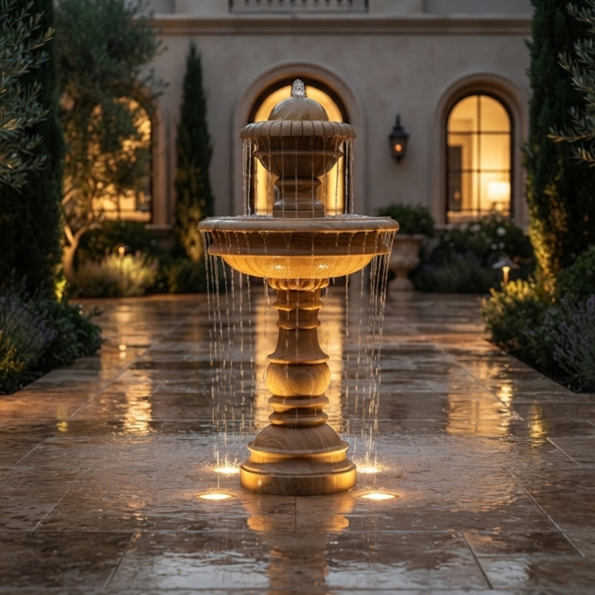 A tiered stone fountain with cascading water, illuminated by warm ground lights, set in a wet stone courtyard with a grand building in the background.
