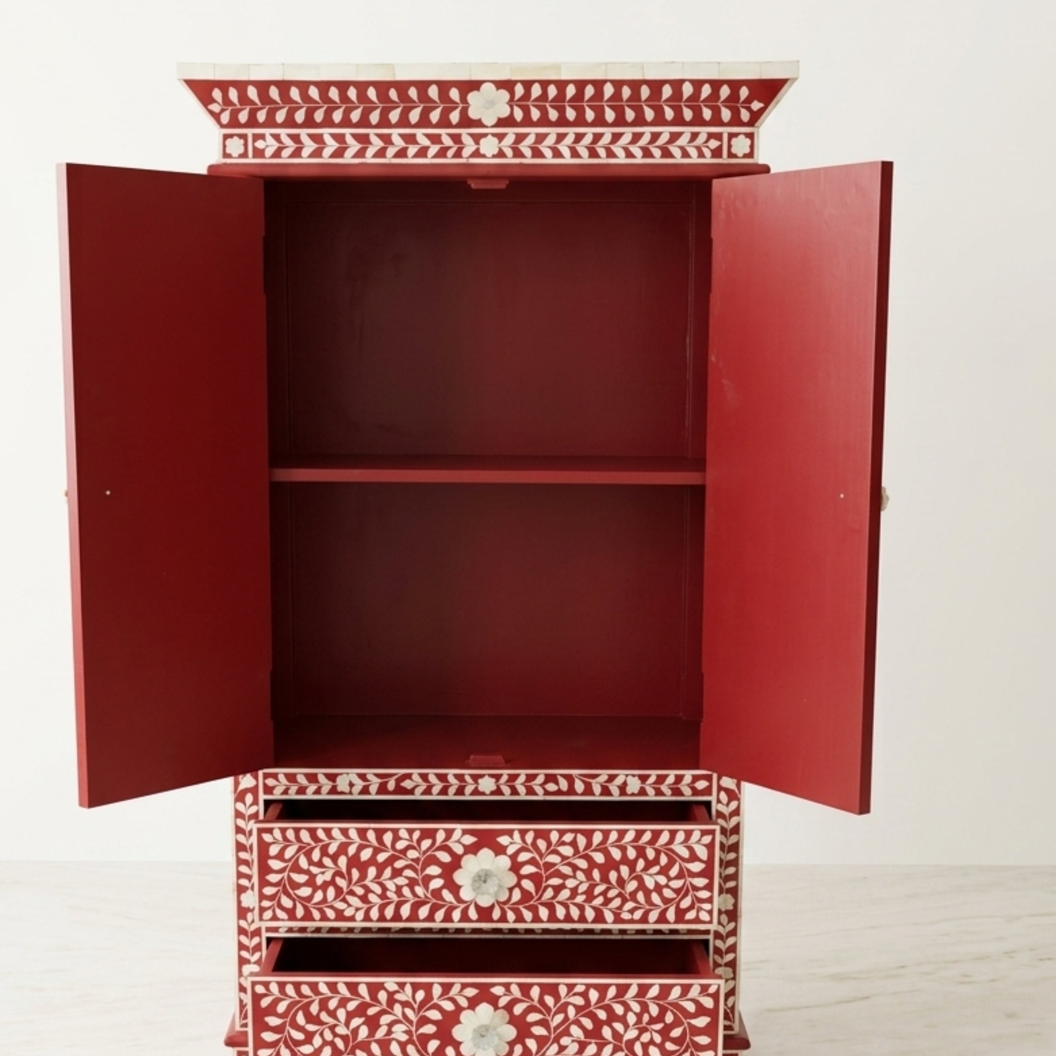 Handmade Floral Bone Inlay 2 Door 2 Drawer Wardrobe
