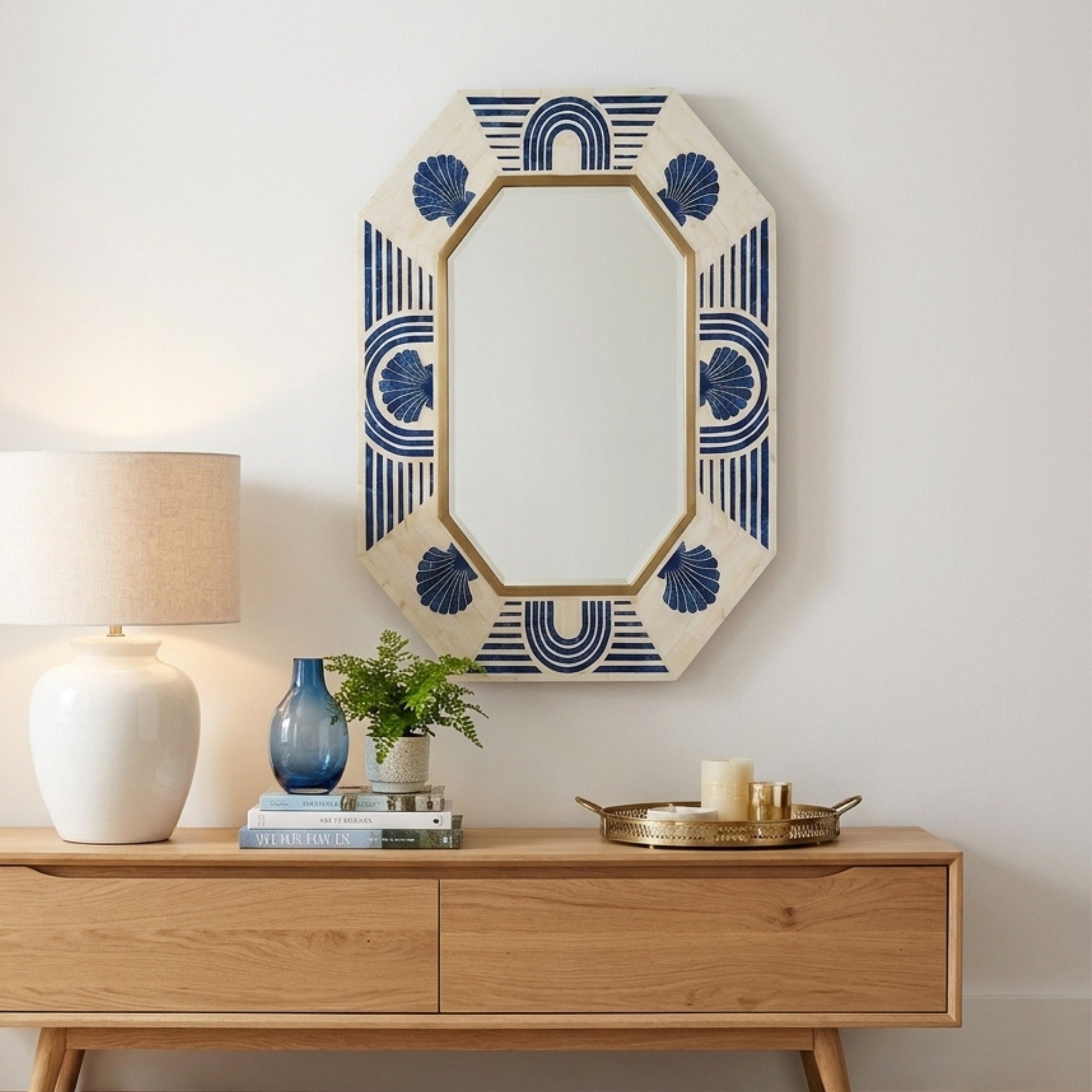 Blue Bone Inlay Octagon Mirror, Brass Detail, Wall Mirror