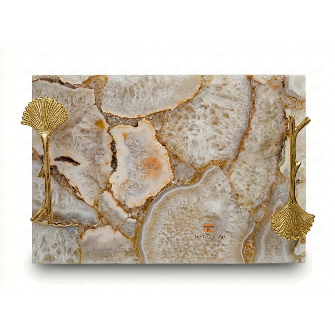 White Agate Serving Tray | Luxury Gold Handle Table Decor