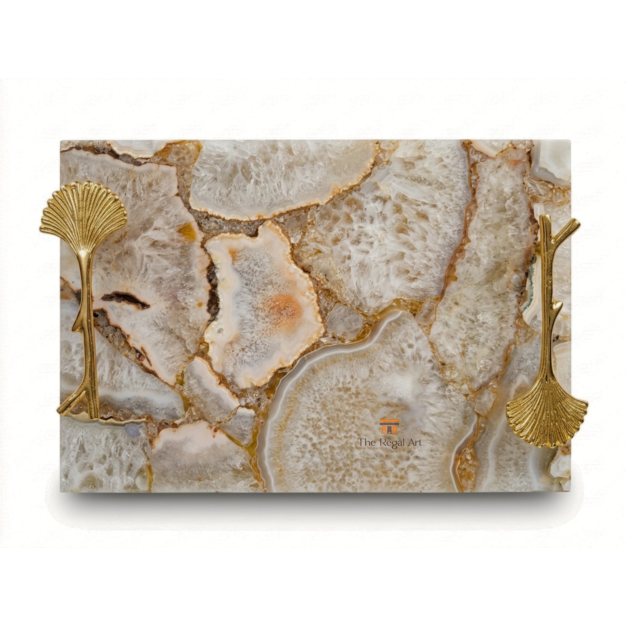 White Agate Serving Tray | Luxury Gold Handle Table Decor