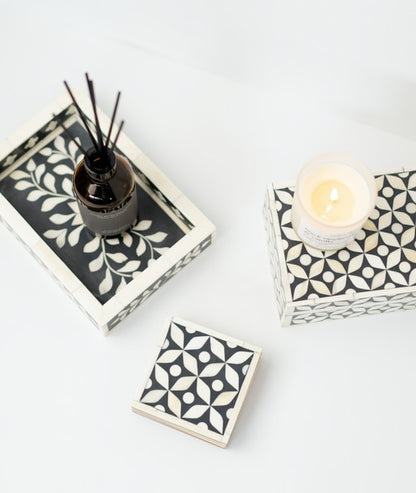 Bone Inlay Geometric Coasters Set - Black Set of 4 with Holder - Unique Home Decor