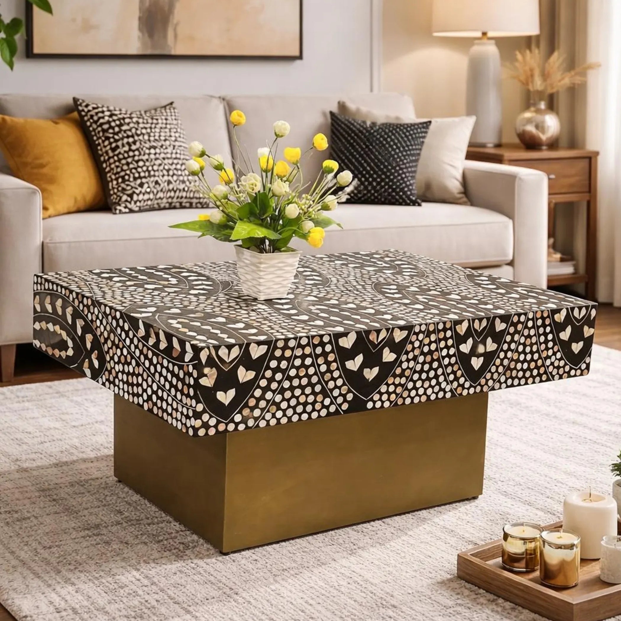Handmade Mother of Pearl Inlay Coffee Table – Floral Statement Décor