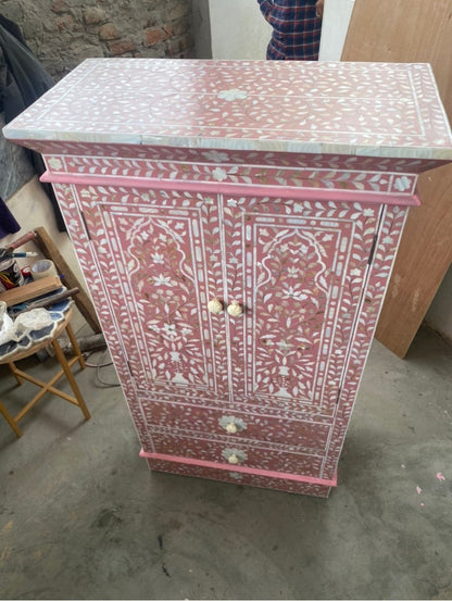 Handmade Floral Bone Inlay Two Door And Two Drawer Almirah / Wardrobe / Home decor