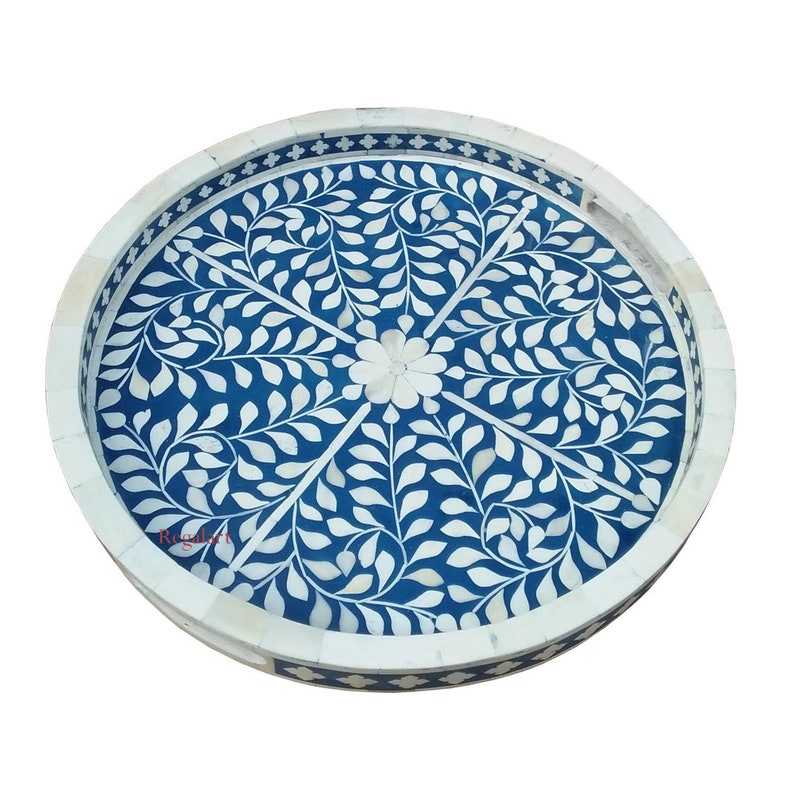 Luxury Floral Bone Inlay Serving Tray – Handmade Round Design