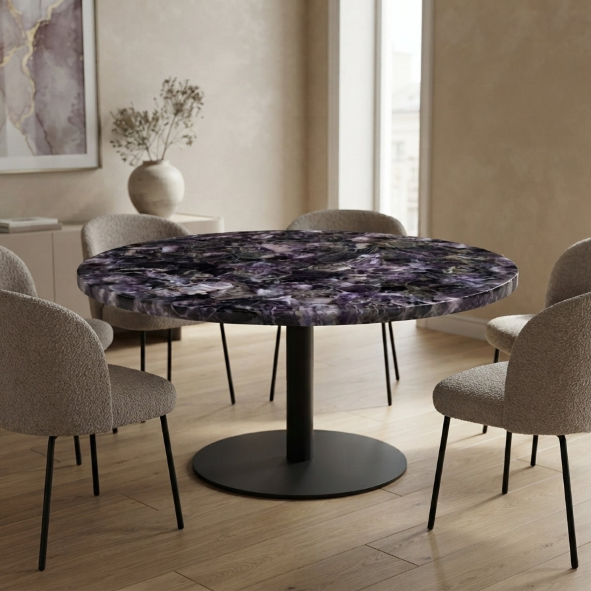 Luxury handmade Amethyst round dining table top installed on black pedestal base in modern dining room by The Regal Art