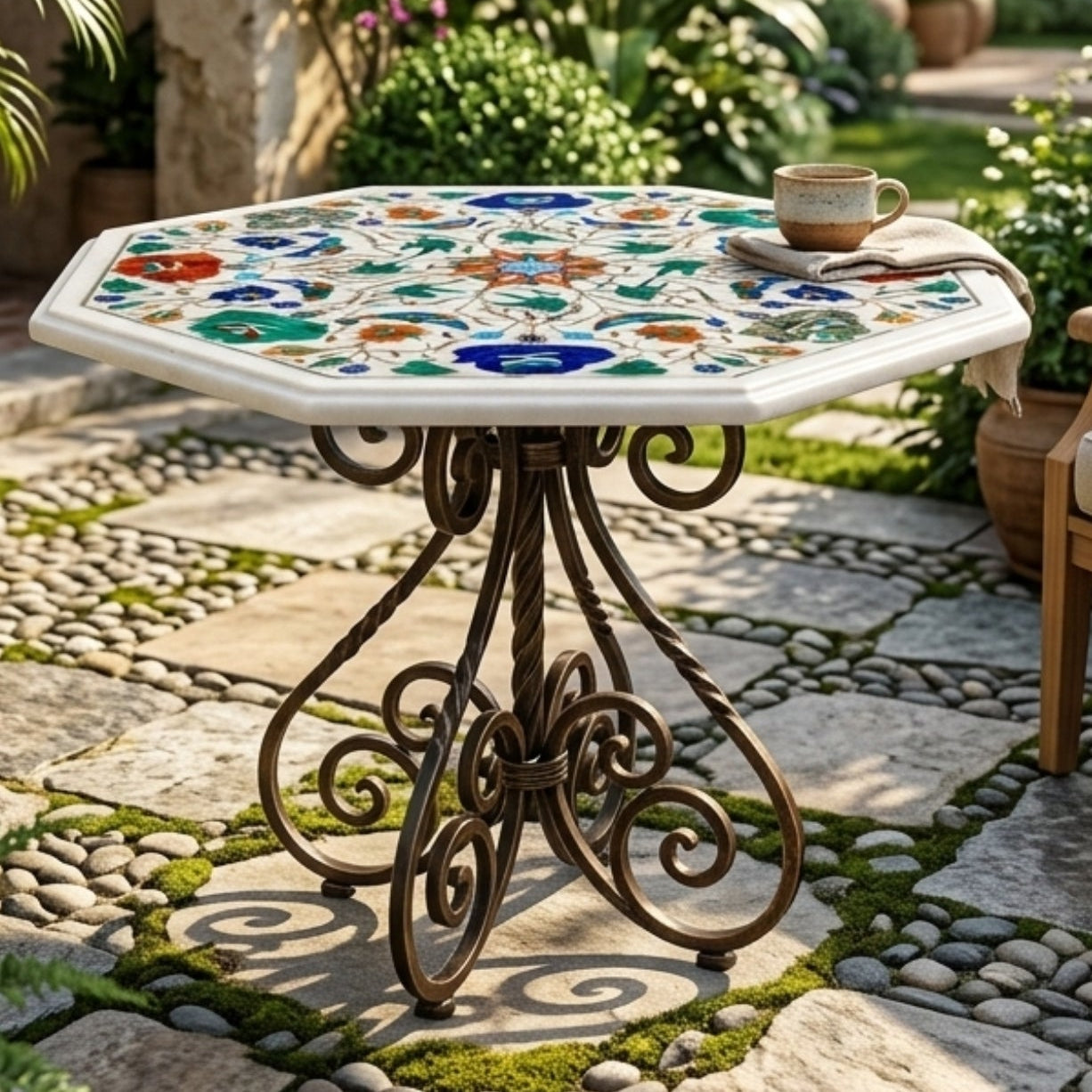 Luxury handcrafted white marble octagonal patio table with colorful floral gemstone inlay, styled in an elegant Mediterranean-inspired garden courtyard.