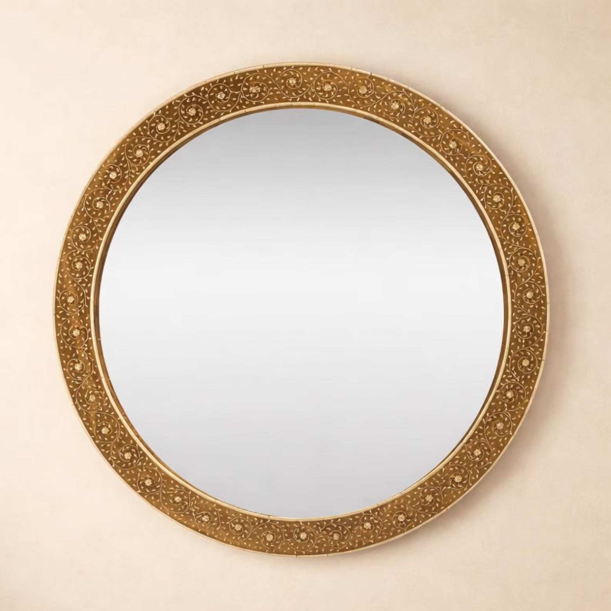 Handmade Bone Inlay Round Mirror | Floral Teakwood Mirror Frame