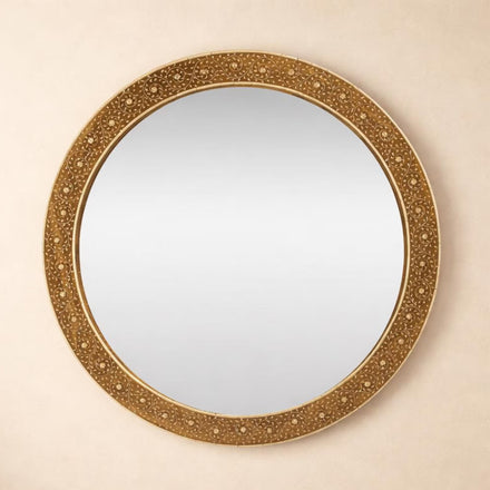 Handmade Bone Inlay Round Mirror | Floral Teakwood Mirror Frame