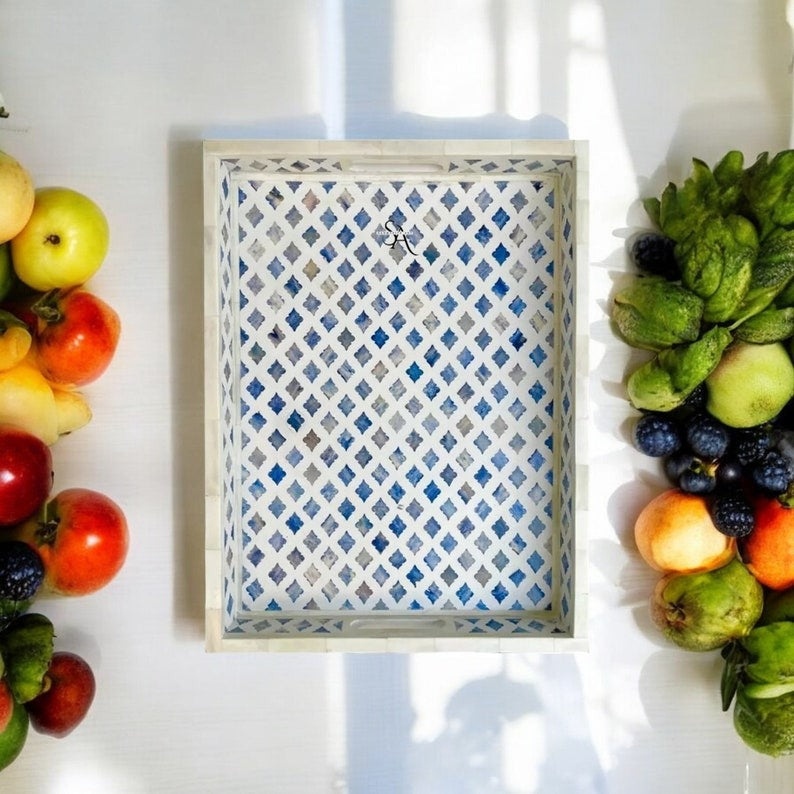 Decorative bone inlay tray with floral Moroccan pattern