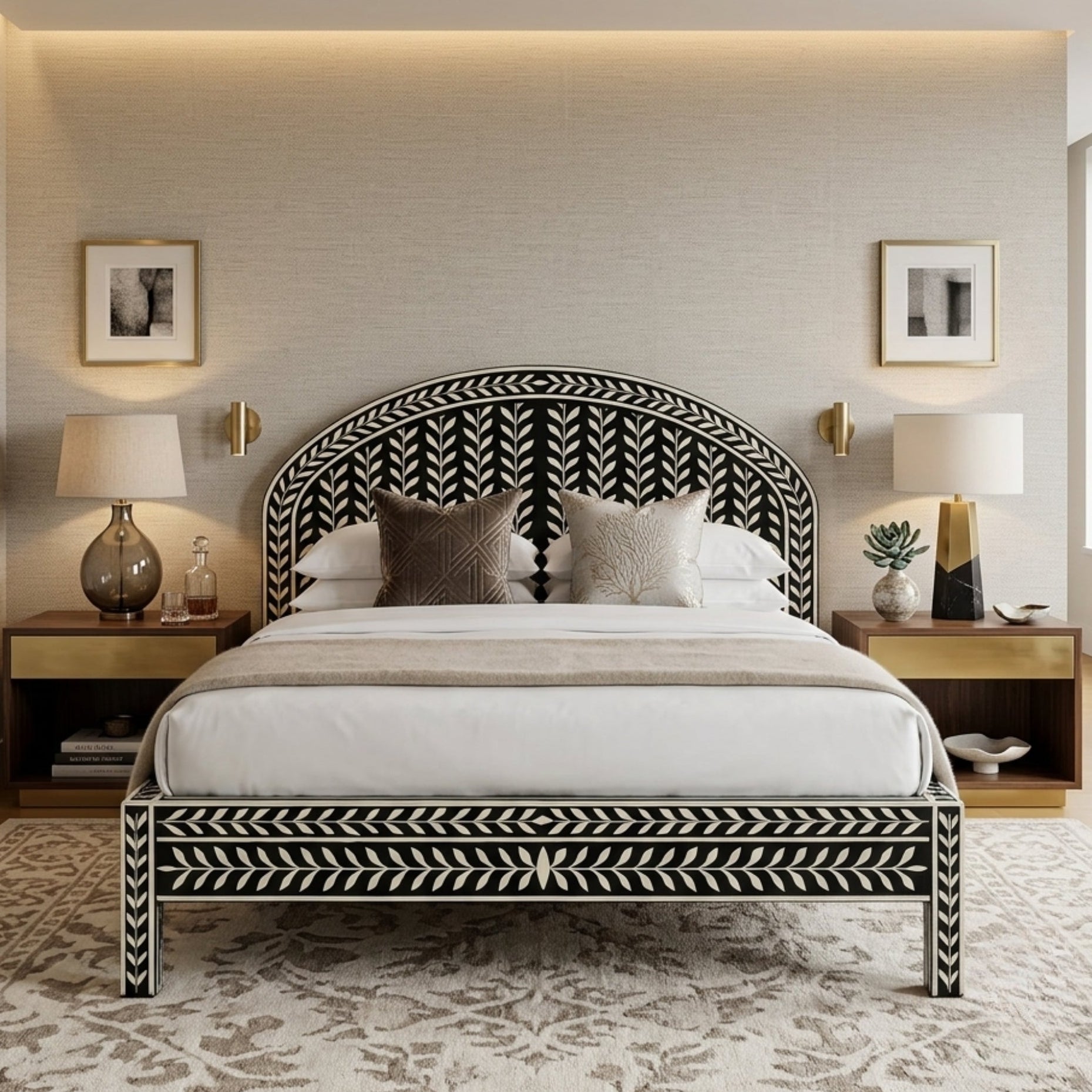 Black & White Bone Inlay Arch Bed | Handmade Luxury Bed