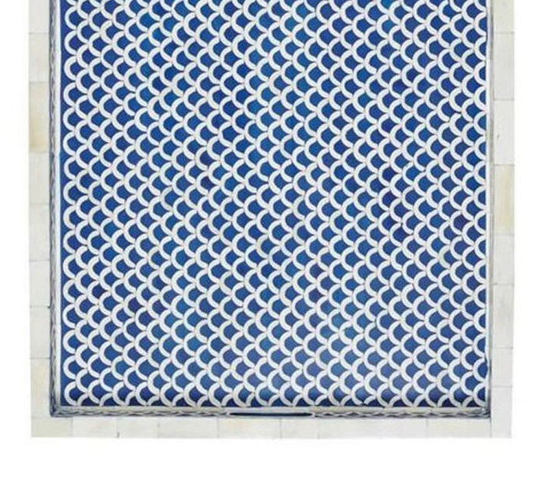 Handmade Bone Inlay Serving Tray – Navy Blue Fish Scale Pattern