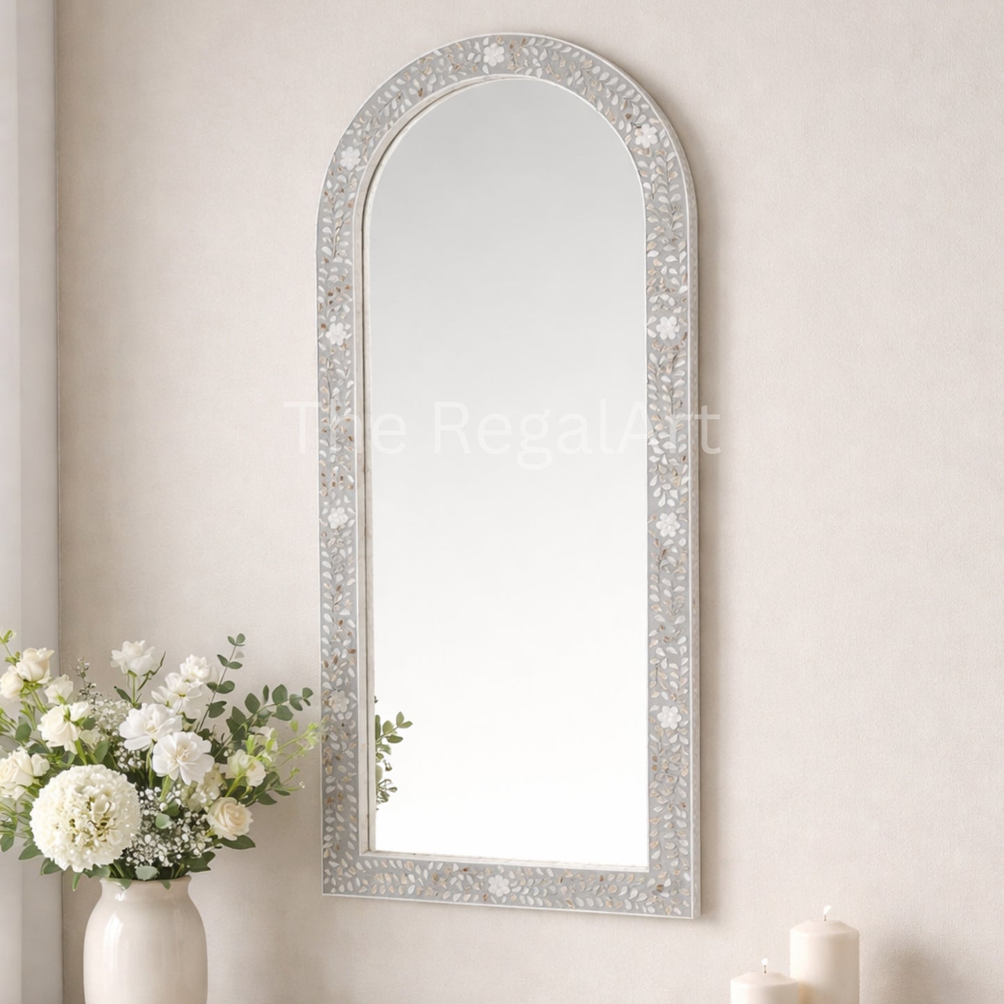 Handmade Mother of Pearl Inlay Floor Mirror – Arched Floral Design