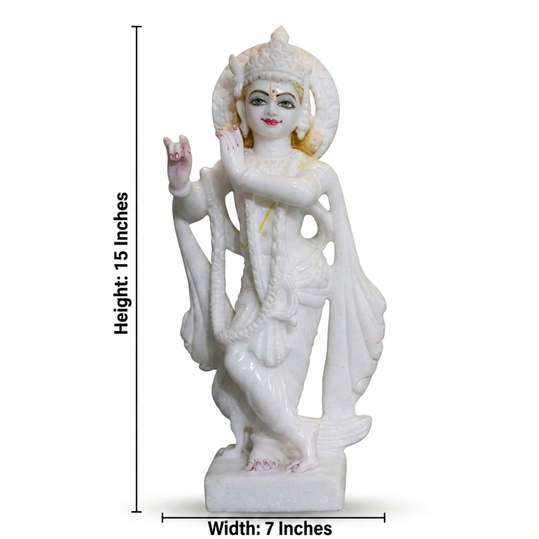 Handmade White Marble Lord Krishna Statue with dimensions – 15 inches height and 7 inches width – premium handcrafted marble sculpture by The Regal Art.