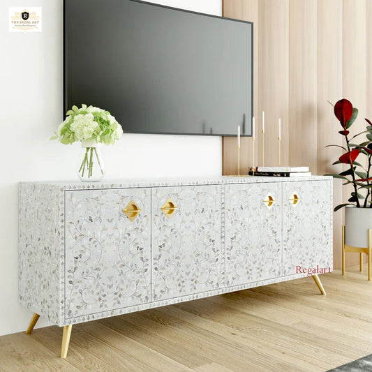 Handmade TV Unit Cabinet - White Mother of Pearl Inlay Media Console - Elegant Home Décor