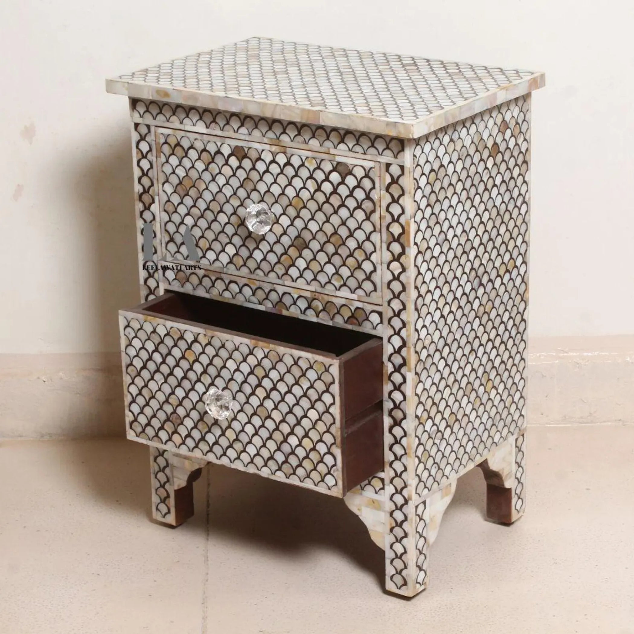Mother of Pearl Inlay Bedside Table – Handmade Two Drawer Nightstand