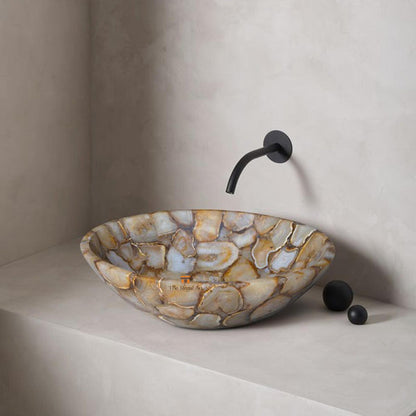 Handmade Golden Agate Stone Sink: Luxury Bathroom Countertop Vessel