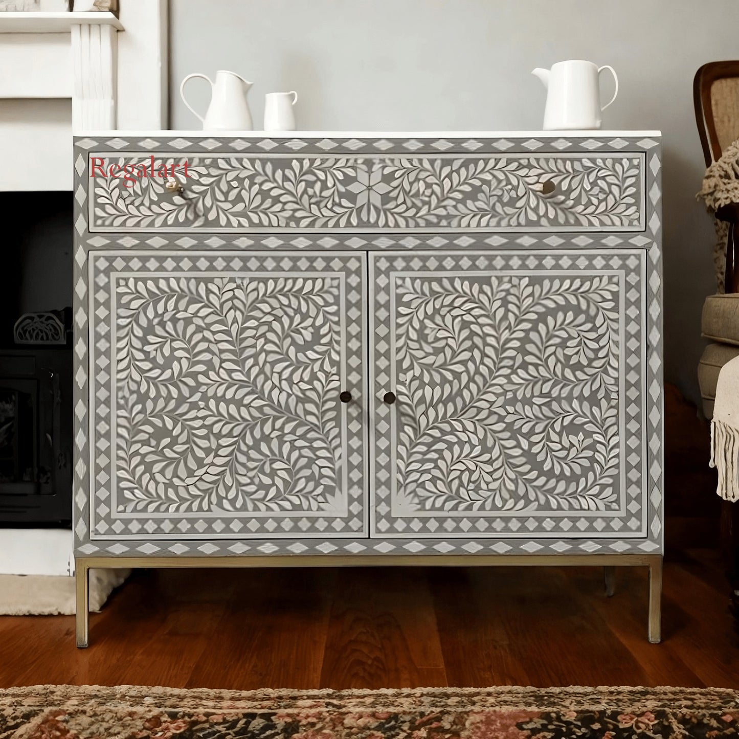 Handmade Bone Inlay Floral Sideboard Dresser – Elegant Handcrafted Furniture Cabinet