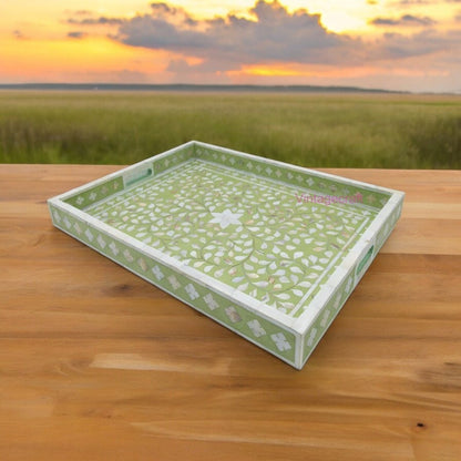 Mother of Pearl inlay Rectangular Tray, Breakfast Serving Tray, Housewarming Present Floral Pattern Tray