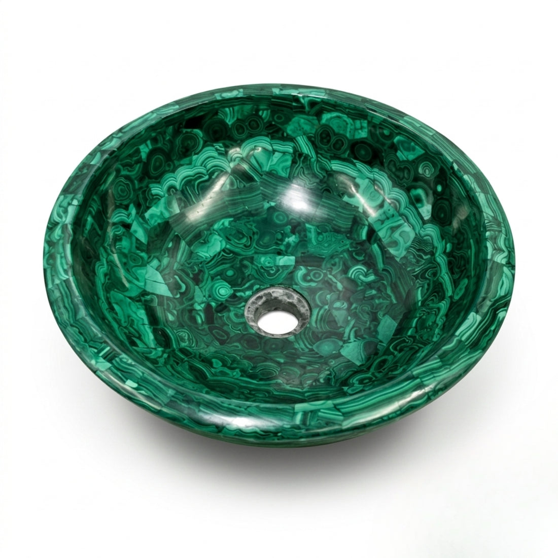 Handmade Natural Malachite Gemstone Vessel Sink displayed on a white marble vanity in a luxury modern bathroom with matte black faucet and elegant interior décor.