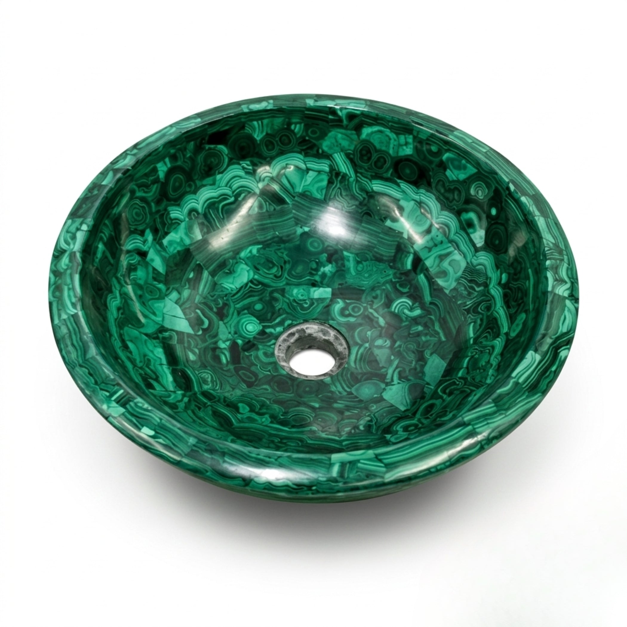 Handmade Malachite Gemstone Vessel Sink with natural green stone pattern, polished round bathroom wash basin on a white background.