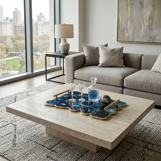 Blue Agate Serving Tray with Gold Handles | Natural Stone Coffee Table Decor