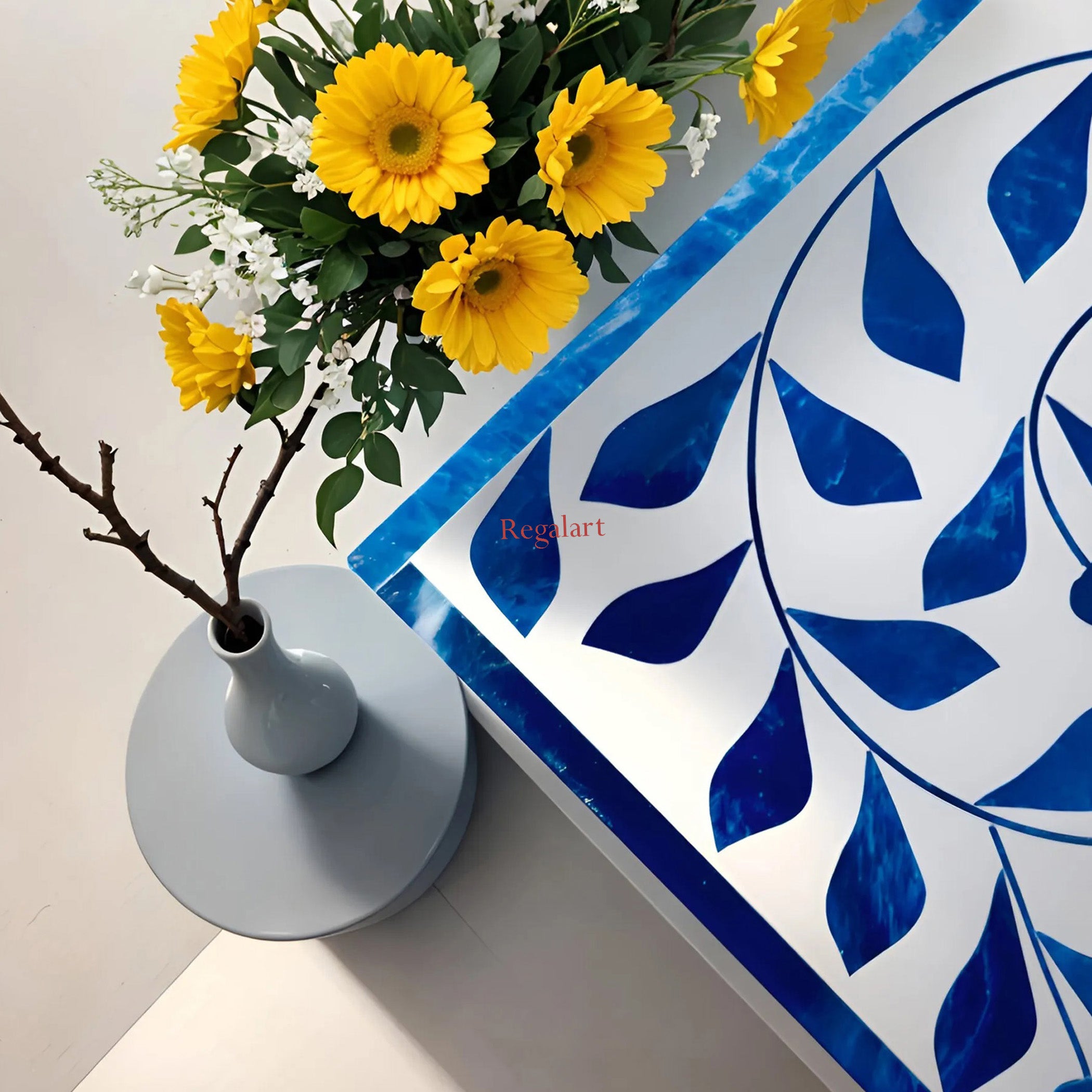 Blue Bone Inlay Bedside Table Nightstand Handmade Floral Pattern Drawer Side Table Home Decor