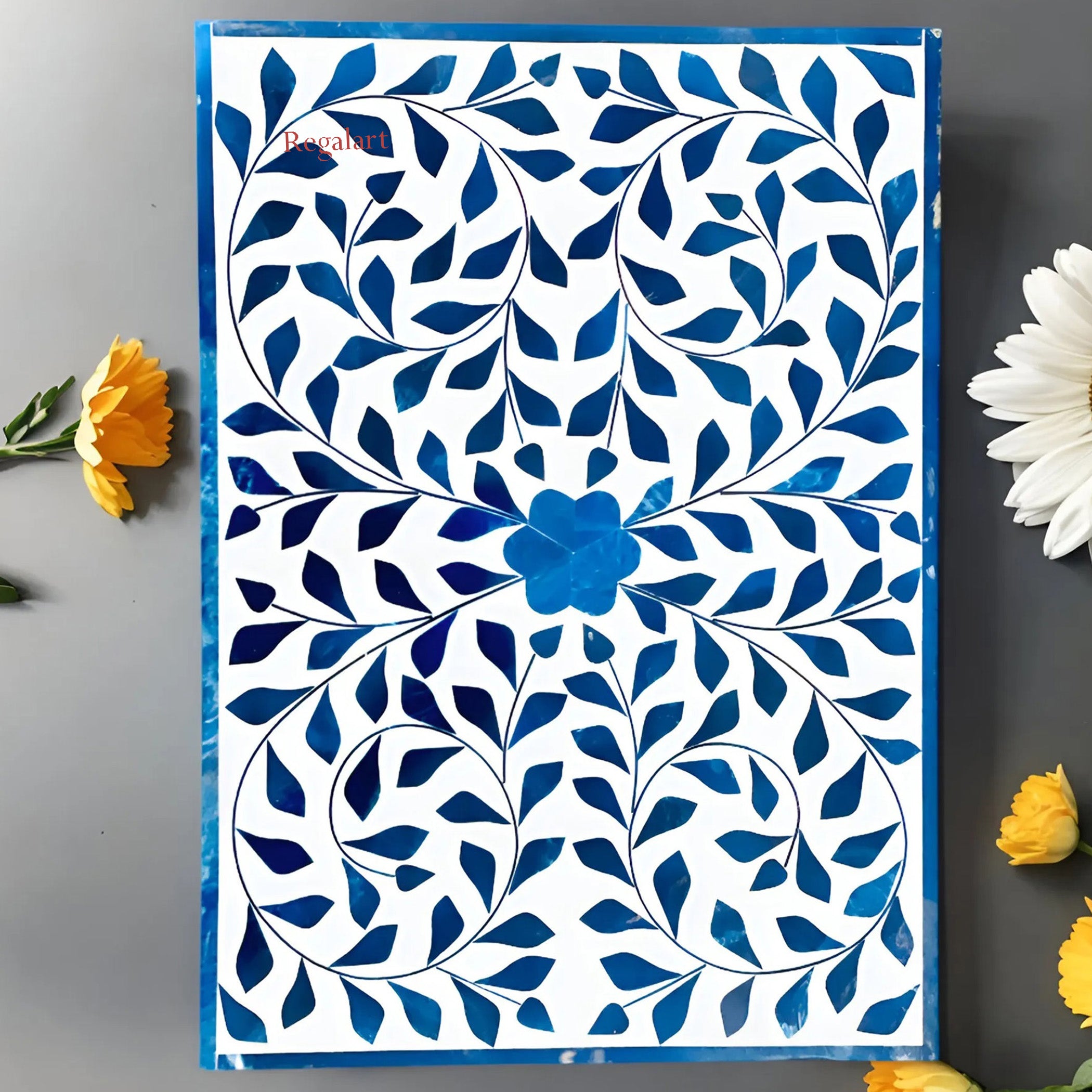 Blue Bone Inlay Bedside Table Nightstand Handmade Floral Pattern Drawer Side Table Home Decor