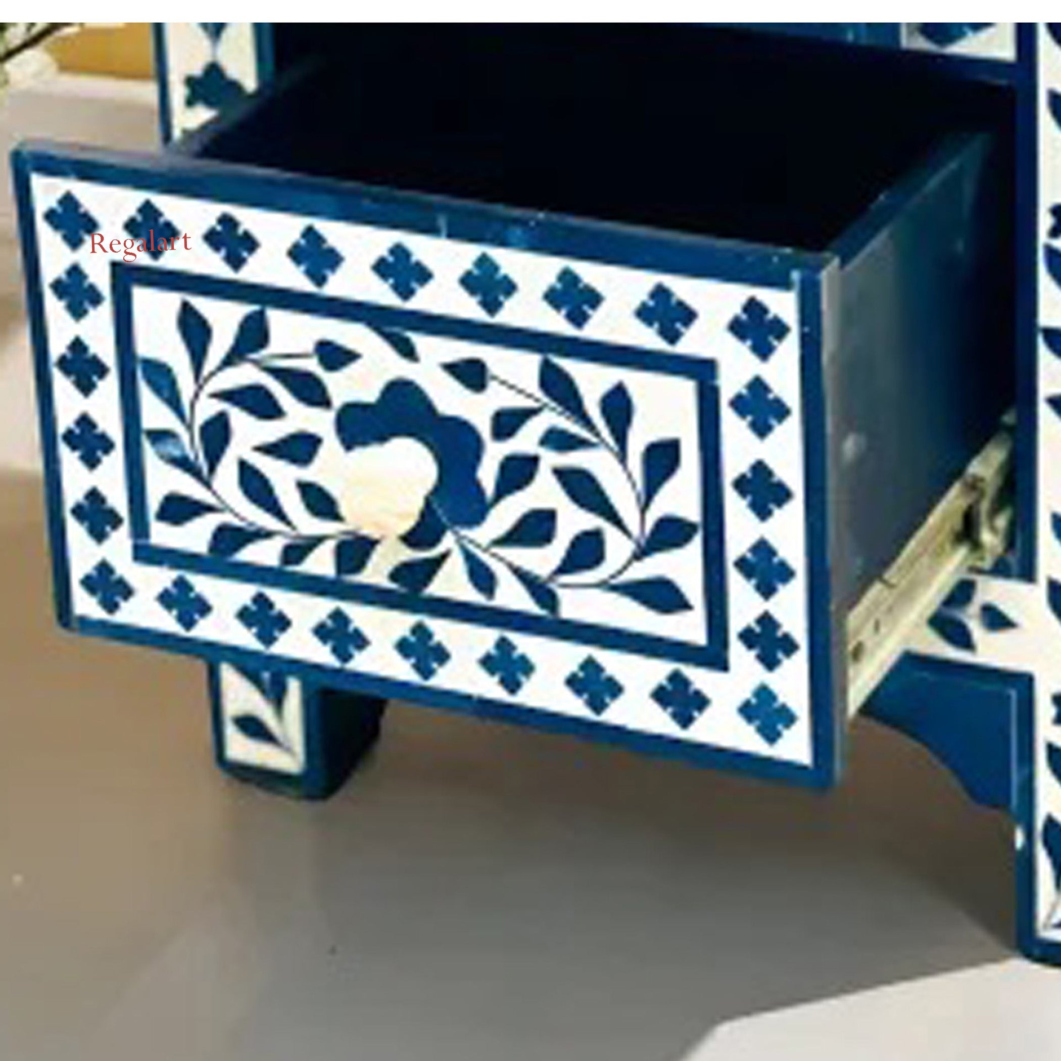 Blue Bone Inlay Bedside Table Nightstand Handmade Floral Pattern Drawer Side Table Home Decor