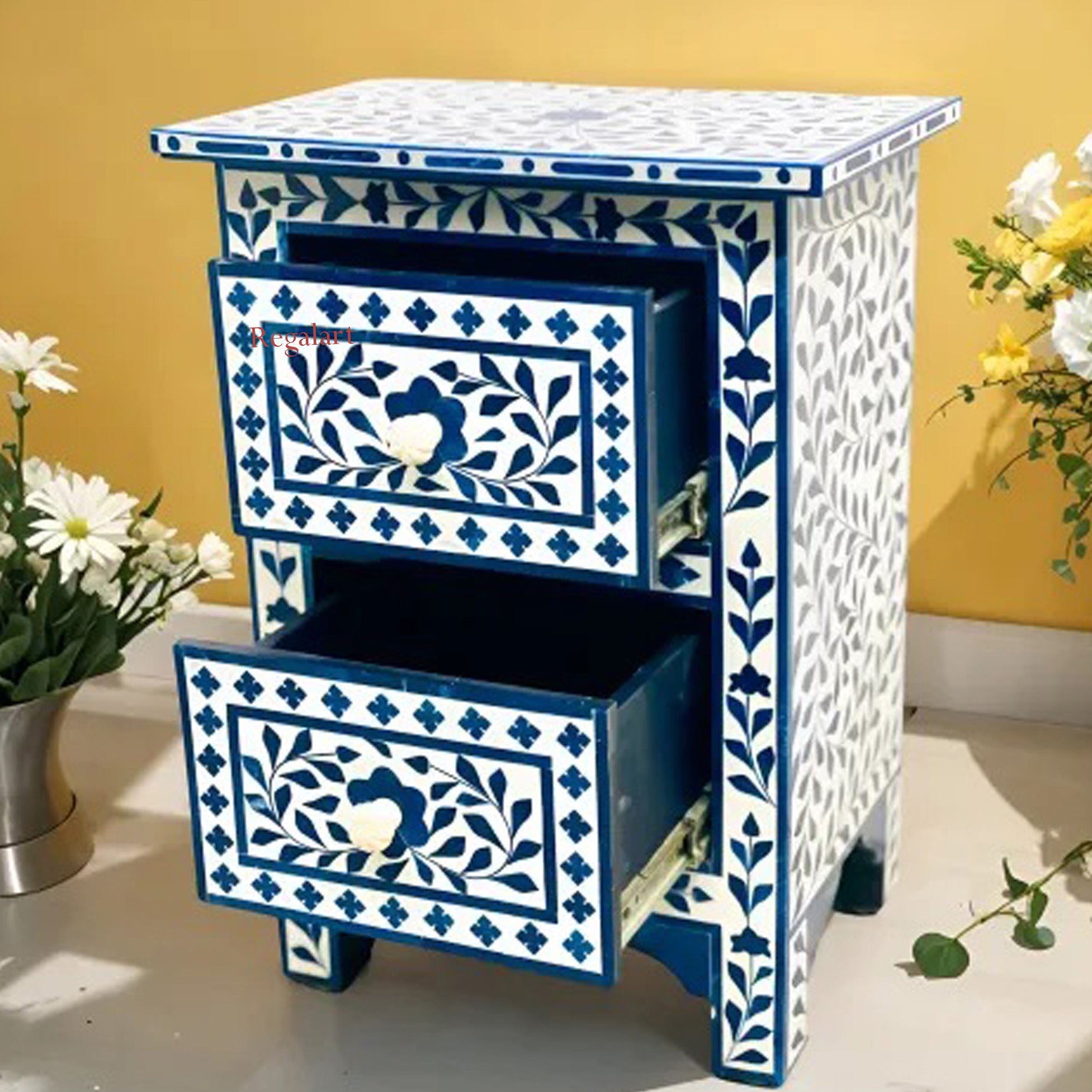 Blue Bone Inlay Bedside Table Nightstand Handmade Floral Pattern Drawer Side Table Home Decor