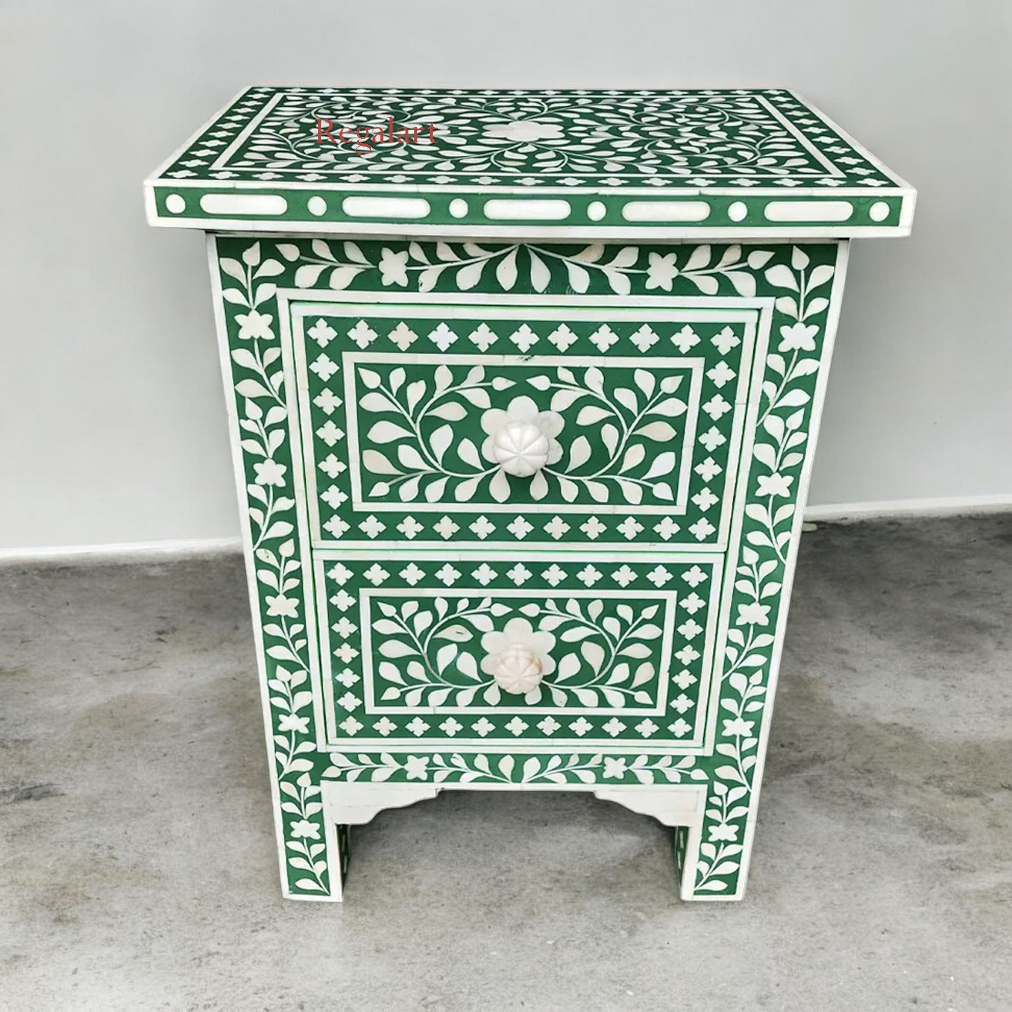 Top surface of bone inlay nightstand – handcrafted floral inlay design


