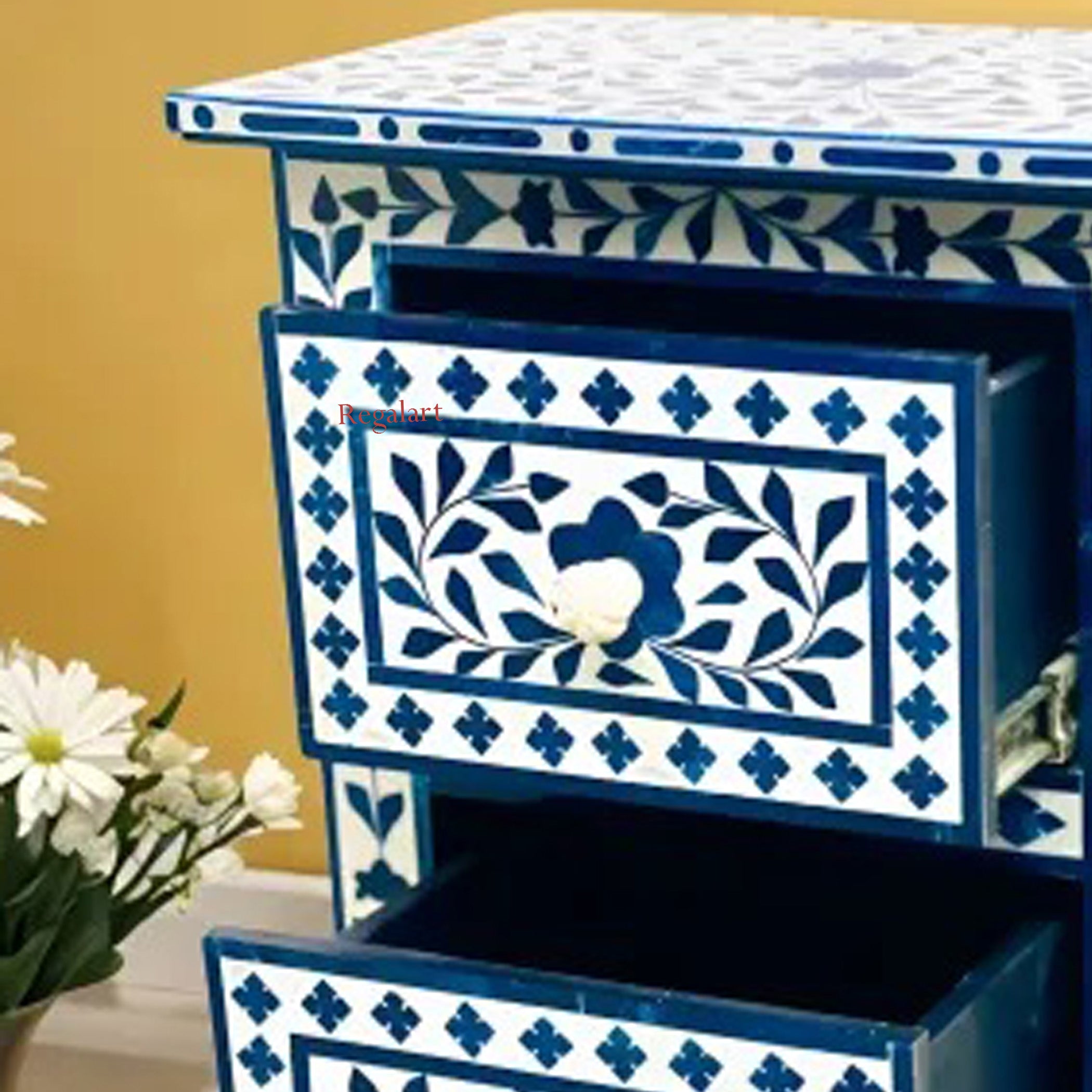 Blue Bone Inlay Bedside Table Nightstand Handmade Floral Pattern Drawer Side Table Home Decor