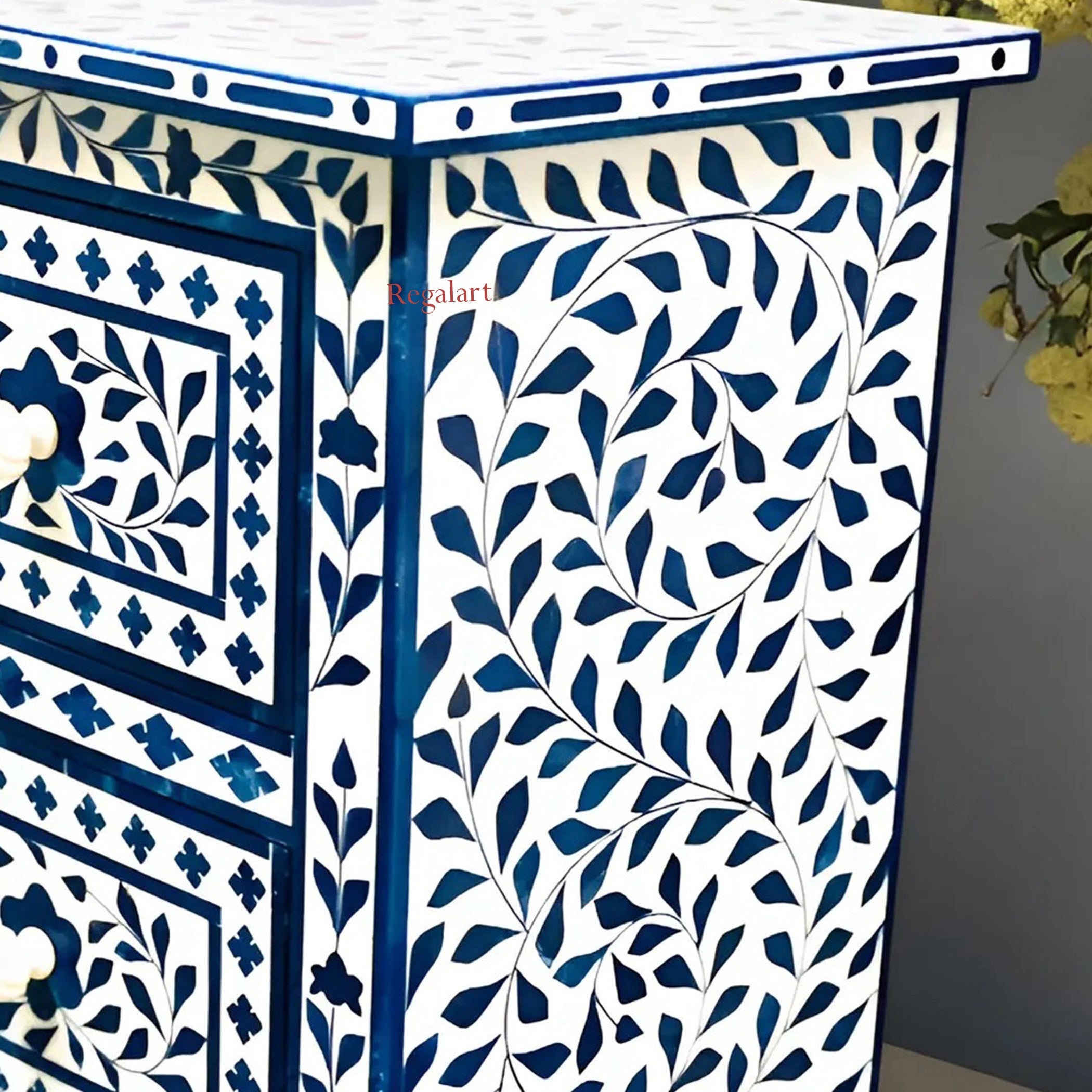 Blue Bone Inlay Bedside Table Nightstand Handmade Floral Pattern Drawer Side Table Home Decor