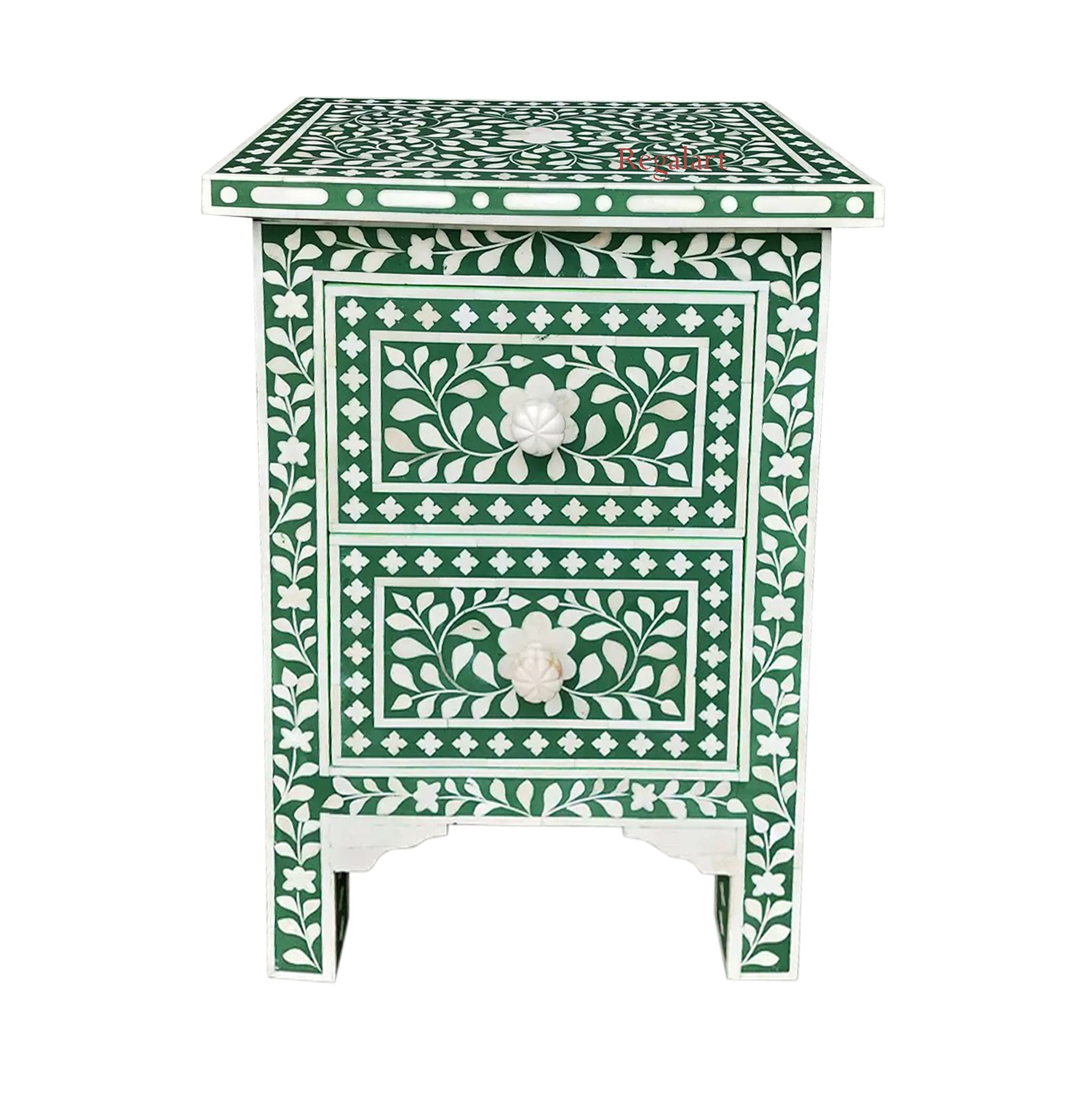 Handmade bone inlay nightstand table with vintage floral pattern – front view

