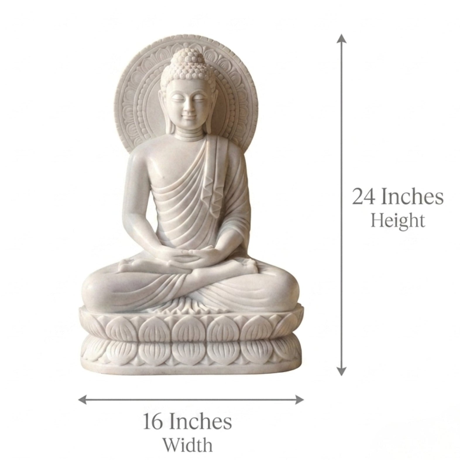 White Marble Buddha Statue Size Guide – 24 Inches Height x 16 Inches Width Handmade Meditation Sculpture