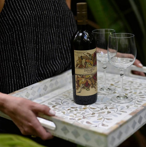 Kitchen Serving Tray Handmade Mother of Pearl Inlay Floral Design Coffee Table Tray