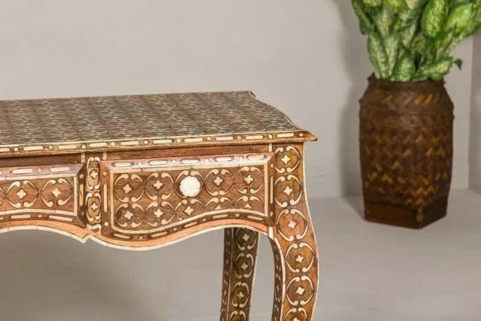 Vintage Console Table Three Drawers Louis XV Style Anglo-Indian Bone Inlay Furni