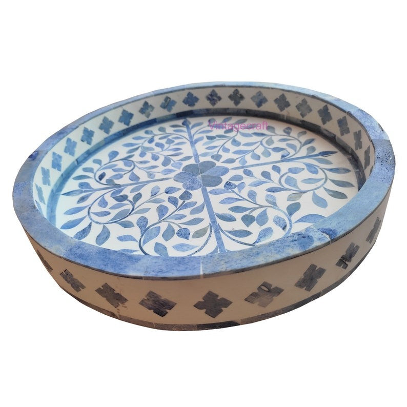 Blue Bone Inlay Round Kitchen Serving Tray Handmade Floral Design Tray Christmas gift item