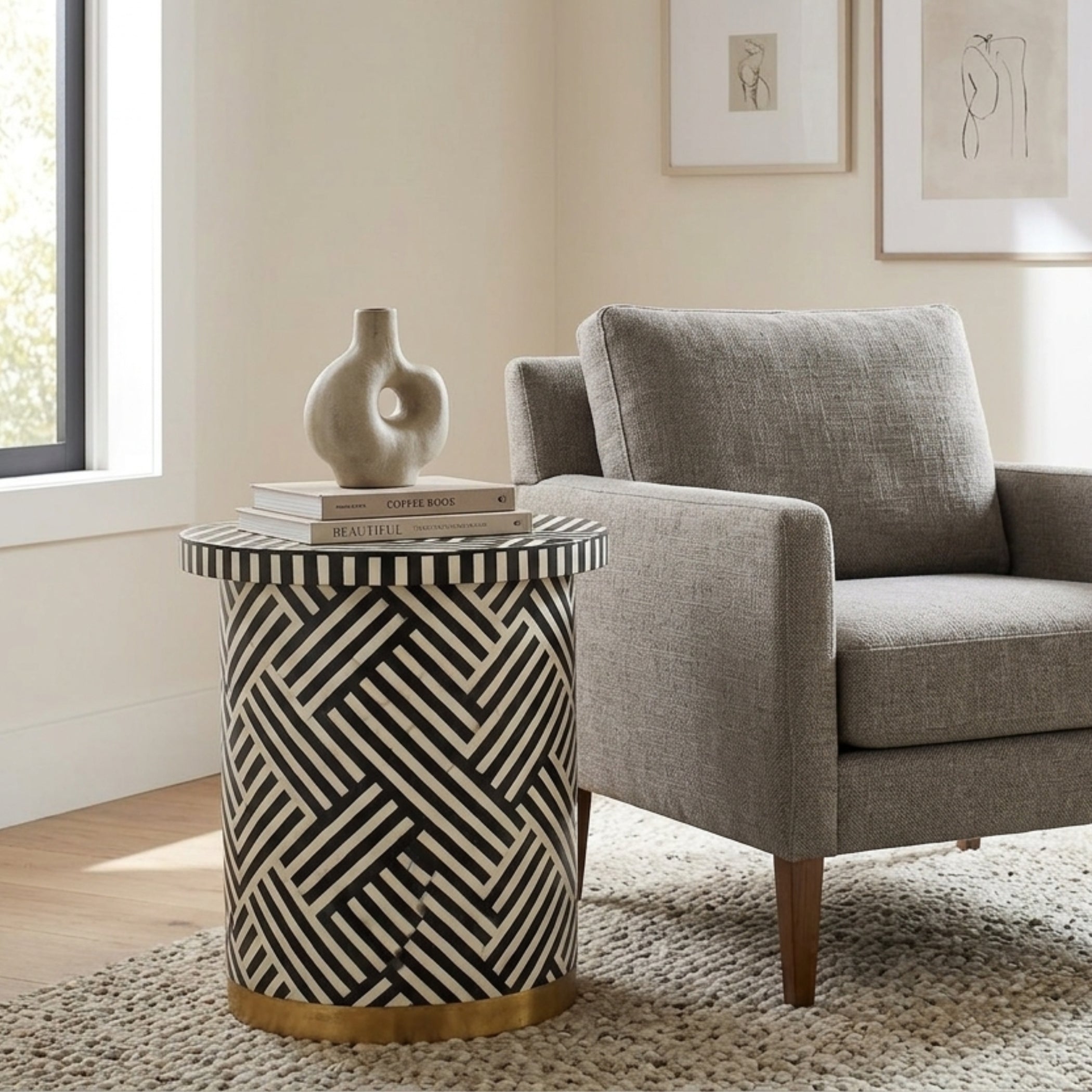 Handmade Bone Inlay Round Side Table | Black White